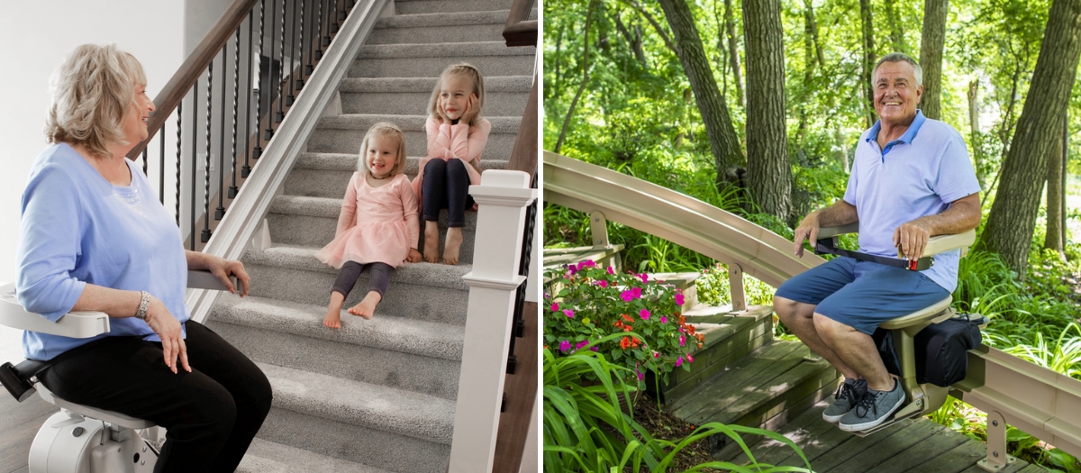 Split picture of a woman and a man both riding stairlifts